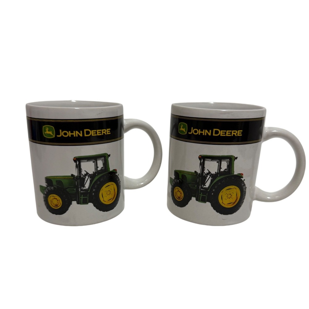 John Deere Coffee Mug Set of 2 Green Tractor Ceramic Logo Mugs White 10oz